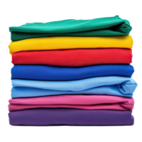 Colorful stack of folded shirts on a Transparent background showcasing vibrant textiles and neat organization, Stack colorful folded shirts isolated on png