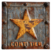 Rusty sign featuring a star shape and the word cri, showcasing age and weathering in an urban setting, rusty sign with a star shaped star and the word critic, Transparent background png