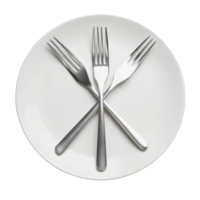 Crossed silverware on a clean white plate set for dining at a restaurant or home, Silverware-Crossed Fork and Knife on Plate, Transparent background png
