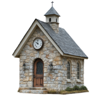 Charming small stone building featuring an ornate clock on the front in a picturesque setting, small stone building with a clock on the front, Transparent background png