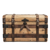 Wooden trunk with metal straps and latch resting on a Transparent background perfect for storage or decoration, wooden trunk with metal straps and a latch, background png