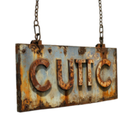 Rusty metal sign with the word cutic hanging on a wall in an industrial setting at dusk, rusty sign with the word cutic hanging on a wall, Transparent background png