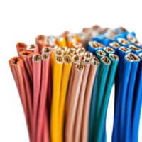 Colorful array of electrical wires arranged neatly on a white surface showcasing multiple hues and textures, row colored electrical wires on a white surface, Transparent background png