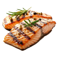 Grilled salmon steak with herbs on a clean Transparent background showcasing culinary presentation, Salmon grilled roast steak isolated on png