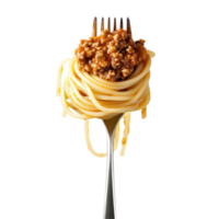 Spaghetti bolognese twirled on a fork ready to be served for a delicious Italian meal, Spaghetti with sauce bolognese hanging on a fork isolated on Transparent background, background png