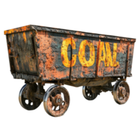 Rusty old train cart with coal sign displayed in an abandoned railway setting, rusty old train cart with a sign that says coal, Transparent background png