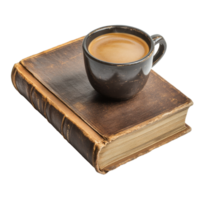 Vintage book resting with a coffee cup isolated on a Transparent background for cozy reading moments, Vintage-style book with coffee cup on aisolated on background png
