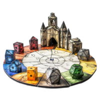Engaging RPG board game setup with colorful dice on a detailed game board, RPG board game, Transparent background png