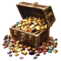 Treasure chest overflowing with gold chocolates and colorful gems captures the essence of indulgence, Treasure Chest Bursting with Gold Chocolates and Gems, Transparent background png