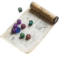 RPG board game setup featuring colorful dice and a detailed game map on a clean Transparent background, RPG board game, background png