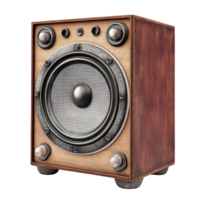 Vintage wooden speaker with a circular grille is showcased on a plain Transparent background for artistic presentation, speaker isolated on aisolated on background png