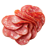 Slices of salami sausage arranged on a Transparent background for culinary presentation or food marketing, Salami sausage slices ham isolated on png