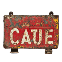 Rusty red caution sign with white letters displayed against a plain Transparent background, Rusty Red Caution Sign, background png