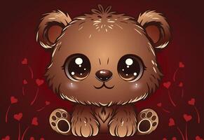 A charming teddy bear sits against a red gradient backdrop adorned with heart motifs vector