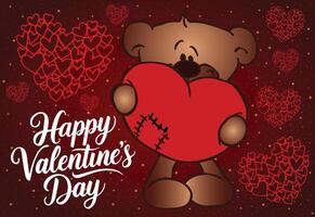 A delightful teddy bear showing off a red heart with a loving Valentines greeting. vector