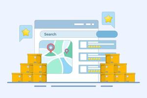 Customer Concept sharing feedback and reviews for search engine business listing, SEO business listing, SEO reviews. Flat design illustration on background. vector