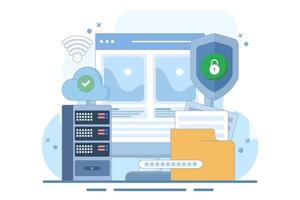 data protection concept, security of personal and business documents with password verification and encryption technology, online cyber data security, internet security or information privacy. design vector