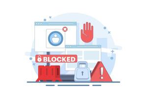 blocked user account concept, shocked and anxious about blocked user account. help user to unblock account. Security from cybercrime activity, hacker attacks, censorship or ransomware. illustration. vector