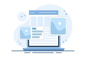 digital image gallery concept. watch photo album online using laptop computer. PC with internet, electronic photography image, web file. Cartoon flat design illustration. vector