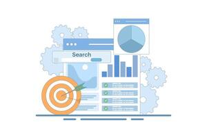 SEO Optimization Concept, Web Analytics and Social Media Marketing SEO. Web Analytics, SEO Optimization. Social Media Marketing. Website Strategy and Planning. Cartoon design illustration. vector