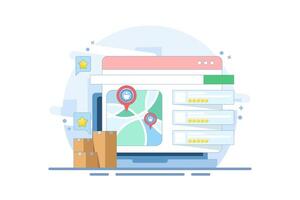 Customer Concept sharing feedback and reviews for search engine business listing, SEO business listing, SEO reviews. illustration on background with icons. vector
