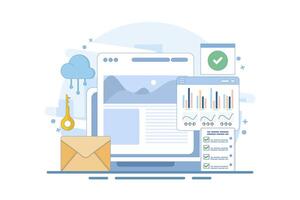 Content performance measurement concept, content analysis, data-driven content marketing, optimization and analysis, increasing conversion rate and performance, background illustration. vector
