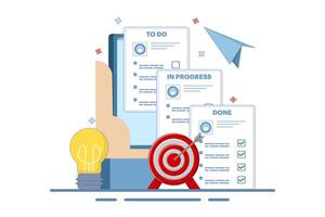 Project management, strategy and organization concept. Office desk with laptop and kanban board with tasks and sticker notes on screen. Flat cartoon design illustration. vector