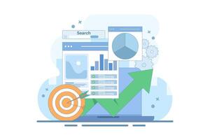 SEO Optimization Concept, Web Analytics and Social Media Marketing SEO. Web Analytics, SEO Optimization. Social Media Marketing. Website Strategy and Planning. Flat Illustration. vector