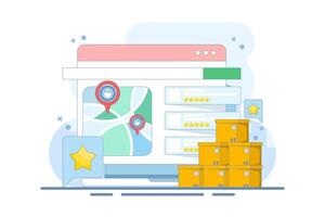 Customer Concept sharing feedback and reviews for search engine business listing, SEO business listing, SEO reviews. Simple design illustration in background. vector