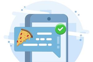 food notification concept. Mobile phone with pizza notification on screen, flat cartoon mobile phone with food delivery notification, smart phone with speech bubble and check mark. illustration vector
