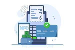 NFC Payment Concept, financial transaction, payment terminal and online payment card. using POS terminal and payment system. Modern flat cartoon style. Cartoon design illustration on background. vector