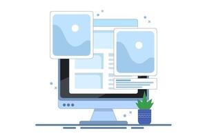 digital image gallery concept. watch photo album online using laptop computer. PC with internet, electronic photography image, web file. Minimalist flat design illustration on background. vector