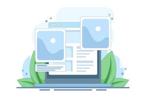 digital image gallery concept. watch photo album online using laptop computer. PC with internet, electronic photography image, web file. Flat illustration on background. vector