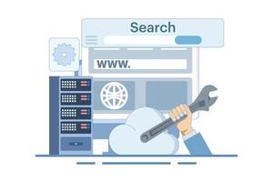 website repair and maintenance concept. website development. server and domain address repair and maintenance. services and technologies. flat style design illustration on background. vector