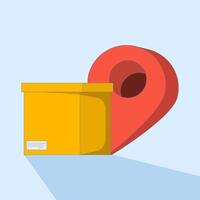 Cardboard package concept with location pins, representing shipping, delivery service or logistics tracking. Accurate delivery, e-commerce graphics. Flat design illustration on background. vector