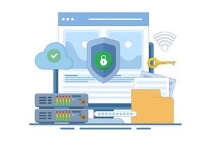 data protection concept, personal and business document security with password verification and encryption technology, online cyber data security, information privacy. flat illustration on background. vector