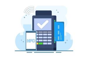 NFC Payment Concept, financial transaction, payment terminal and online payment card. using POS terminal and payment system. Modern flat cartoon style. illustration on background. vector