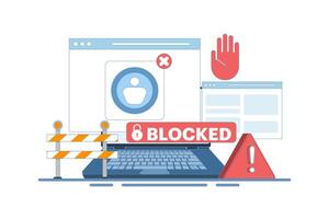 concept of blocked user account, shocked and anxious about blocked user account. help user to unblock account. Security from cybercrime activity, hacker attacks, censorship or ransomware. design. vector