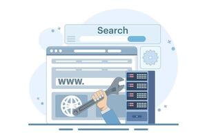 website repair and maintenance concept. website development. server and domain address repair and maintenance. services and technology. cartoon design illustration in the background. vector