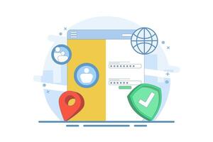 website security system concept. user login to secure website. website access. user information data protection and password. cyberspace and internet. flat illustration on background. vector