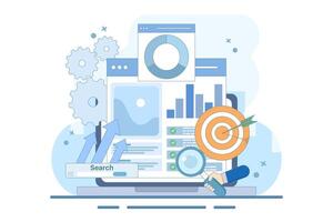 SEO Optimization Concept, Web Analytics and Social Media Marketing SEO. Web Analytics, SEO Optimization. Social Media Marketing. Website Strategy and Planning. Design Illustration. vector
