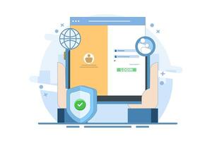website security system concept. user login to secure website. website access. user information data protection and password. cyberspace and internet. flat cartoon design illustration on background. vector