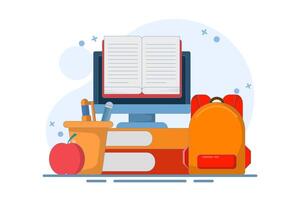 Concept of online education on computer or laptop with open book, Online education or business training. Online learning. Webinar, online business training, e-learning education. Illustration. vector