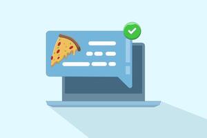 food notification concept. Phone with pizza notification on screen, flat cartoon phone with food delivery notification, smart phone with speech bubble and check mark. cartoon design. vector