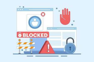 concept of blocked user account, shocked and anxious about blocked user account. help user to unblock account. Security from cybercrime activity, hacker attacks, censorship or ransomware. flat cartoon vector