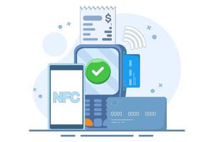 NFC Payment Concept, financial transaction, payment terminal and online payment card. using POS terminal and payment system. Modern flat cartoon style. Flat cartoon design illustration. vector