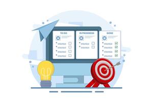 Project management, strategy and organization concept. Office desk with laptop and kanban board with tasks and sticker notes on screen. Cartoon design illustration. vector