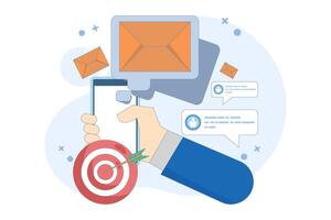 Email marketing strategy concept, Email campaign, Sending emails to potential customers, Newsletter marketing, Social media advertising messages, Internet network communication. illustration. vector