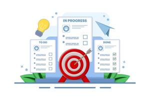 Project management, strategy and organization concept. Office desk with laptop and kanban board with tasks and sticker notes on the screen. Flat illustration on background. vector