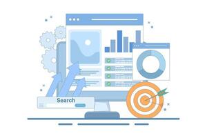SEO Optimization Concept, Web Analytics and Social Media Marketing SEO. Web Analytics, SEO Optimization. Social Media Marketing. Website Strategy and Planning. Flat Cartoon Design Illustration. vector